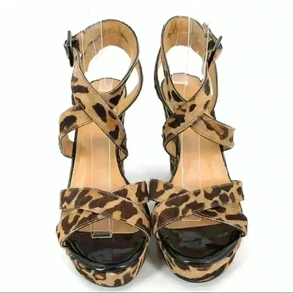 Nine West womens Fannyr heels size 8 brown cheetah calf hair platform wedges